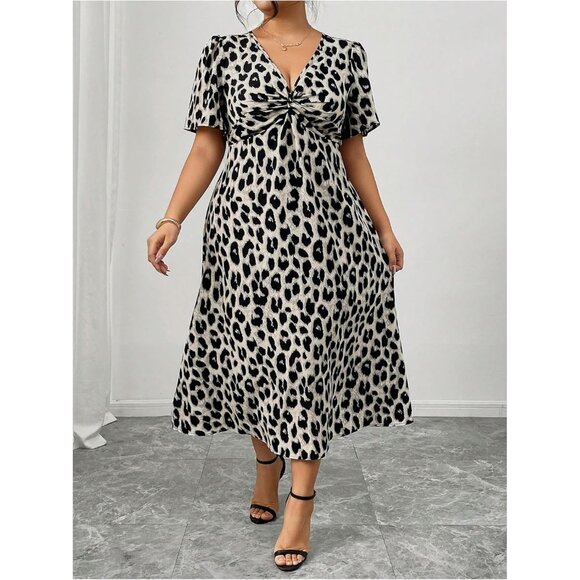 Women's Plus Size Leopard Print Midi Dress V Neck Short Sleeve A Line - Picture 4 of 5